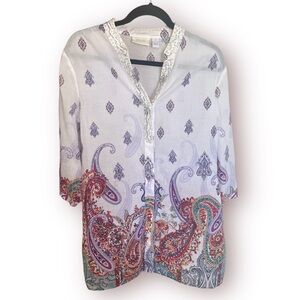 Chico’s Tunic Cover Up Top Button Down White Paisley Sequins Beads Pearls Sz 2 M